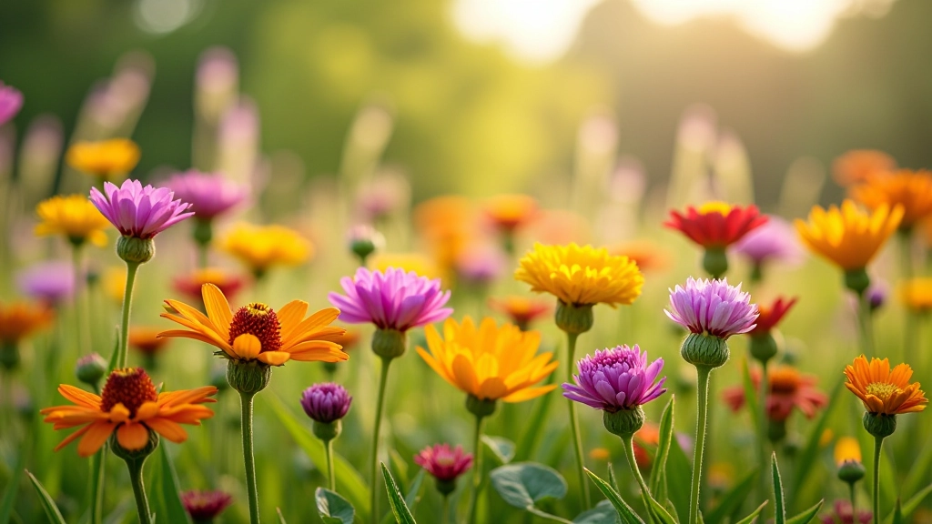 Assorted wildflowers in bloom showing variety of summer colors and textures