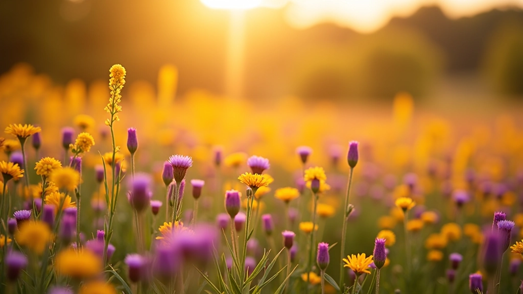 Autumn meadow with warm-toned flowers including purple heather and golden goldenrod, afternoon sunlight, harvest season colors