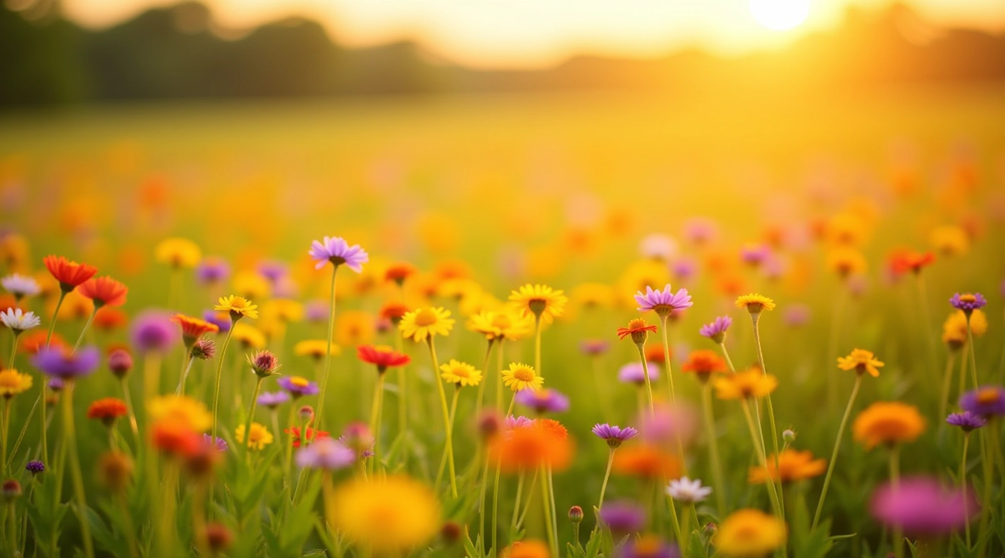 Lush wildflower meadow with diverse blooming plants during summer season in skanbell region