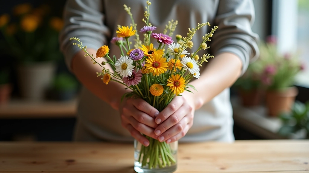 Hands carefully arranging fresh wildflower stems in a clear glass vase