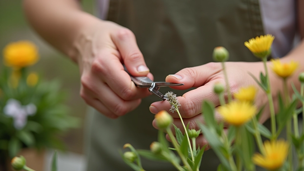Close-up of wildflower stems being trimmed at an angle with sharp scissors over a white surface