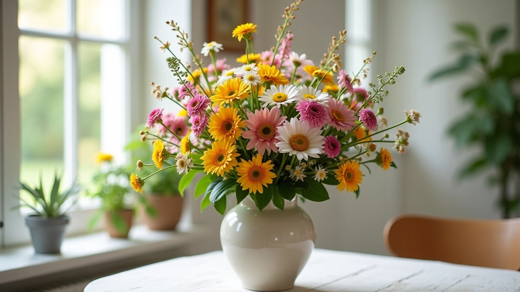 Arranged wildflowers showing proper height proportion in a ceramic vase with visible structure