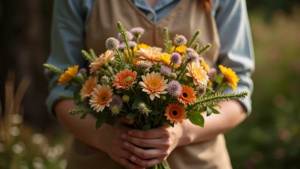 Expert florist hands arranging wildflowers with natural meadow styling techniques
