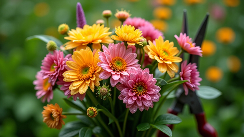 Fresh-cut wildflowers with water droplets, garden scissors nearby, morning light