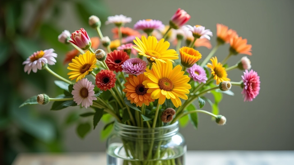 Fresh wildflower bouquet in clear glass vase with water droplets
