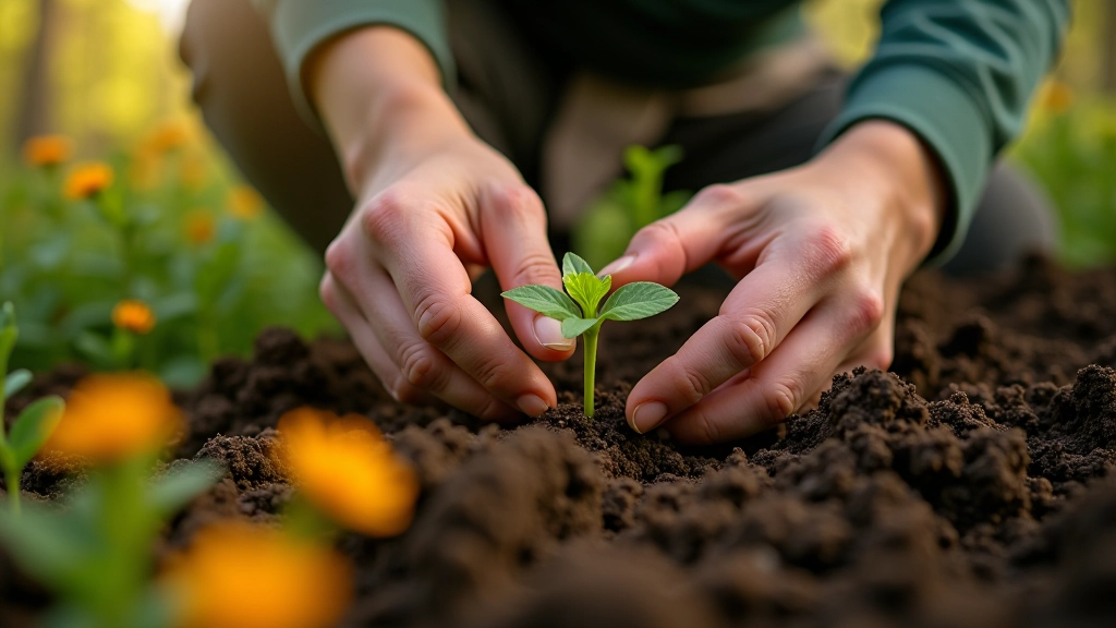 Gardener's hands planting wildflower seeds in prepared soil, spring season, natural sunlight, action shot from above