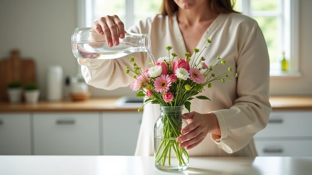 Hand pouring fresh water into a clear glass vase containing colorful wildflowers and green stems