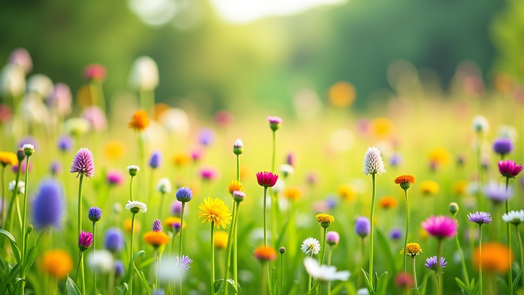 Meadow landscape in peak summer with diverse wildflower colors and heights, natural ecosystem, full bloom