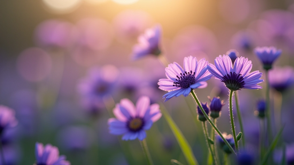 Close-up of purple and blue wildflowers in morning dew, detailed petals, natural light