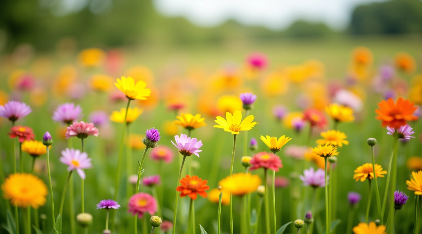 Vibrant meadow of mixed wildflowers blooming in skanbell during peak season, showing natural color variety and flower density
