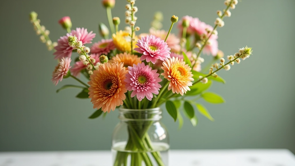 Wildflower bouquet in clear glass vase with fresh water and trimmed stems