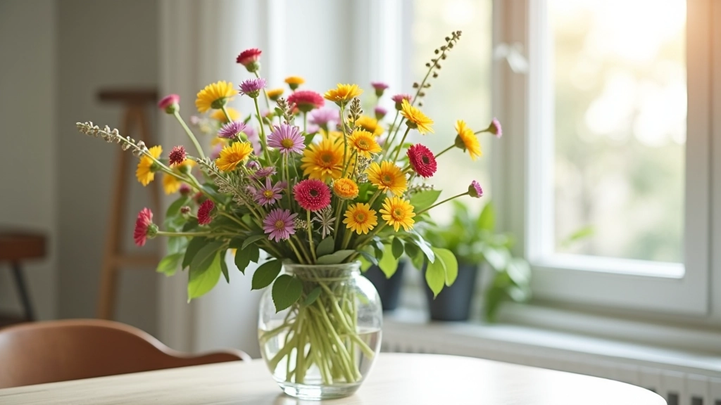 Wildflower bouquet positioned on a windowsill away from direct sunlight with soft natural light